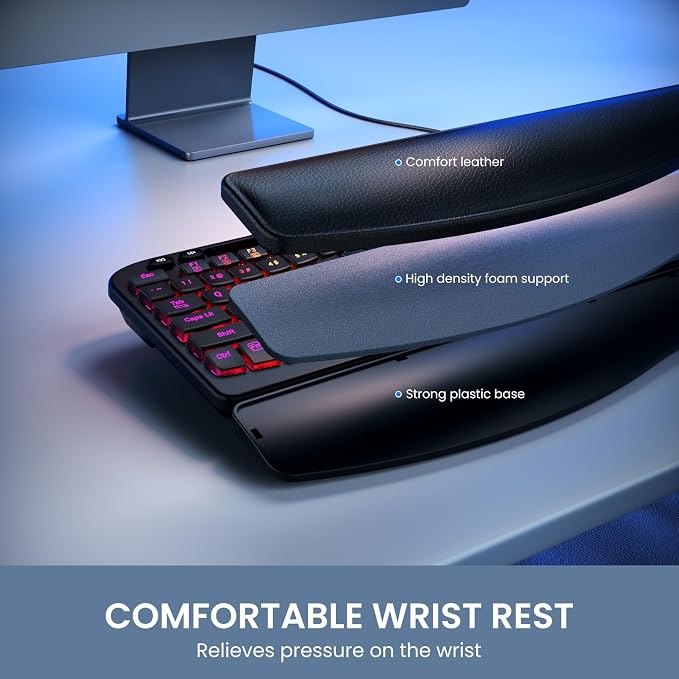 Wired Ergonomic Keyboard, Backlit USB Computer Keyboard with Wrist Rest | 7-Color Backlit Keyboard with Wrist Rest, Wave Keys, Phone Holder, Lighted Keyboard for PC, Laptop, Windows, and Mac - Image 8