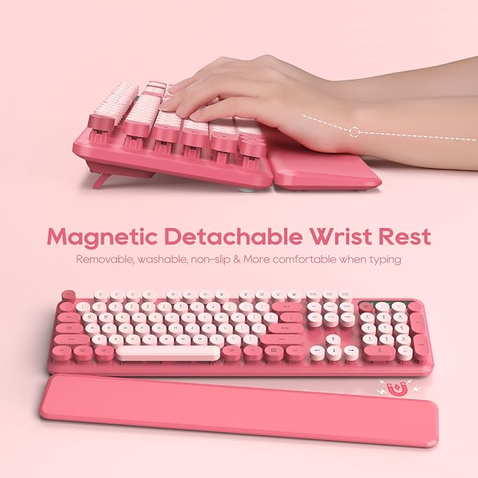 Wireless Keyboard and Mouse Combo, Round Keycaps, Magnetic Wrist Rest, Pink | Full-Size Retro Typewriter-Style Keyboard, Tilt Legs, Auto Sleep, 2.4GHz Cordless for MacOS, Windows PC, Laptop, SABLUTE CK23 - Image 2