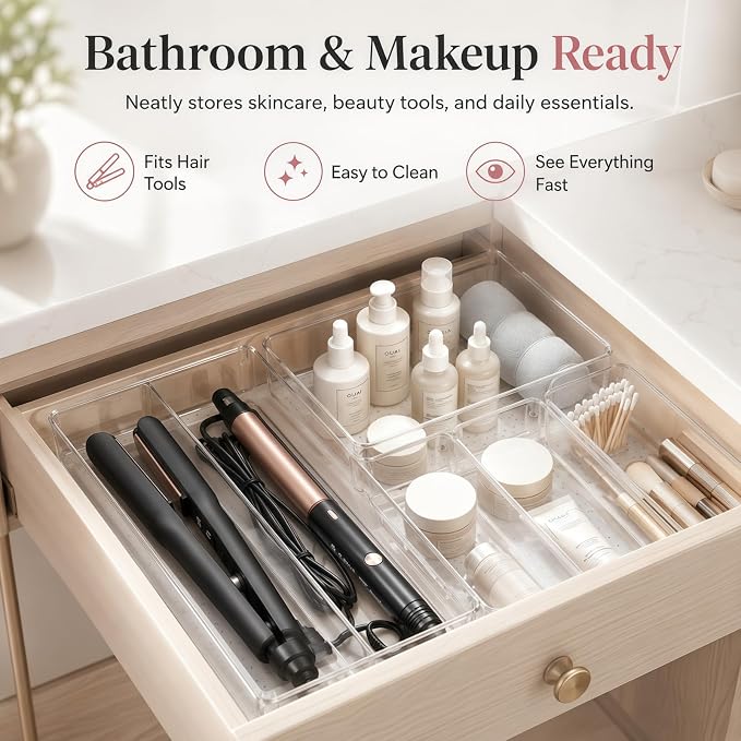 8 Pack Large Clear Plastic Drawer Organizer Bins - Acrylic Bathroom Drawer Organizer Trays - Heavy Duty Kitchen Drawer Dividers for Utensils - Non-Slip Storage Bins for Makeup, Bedroom, Office Desk - Image 6