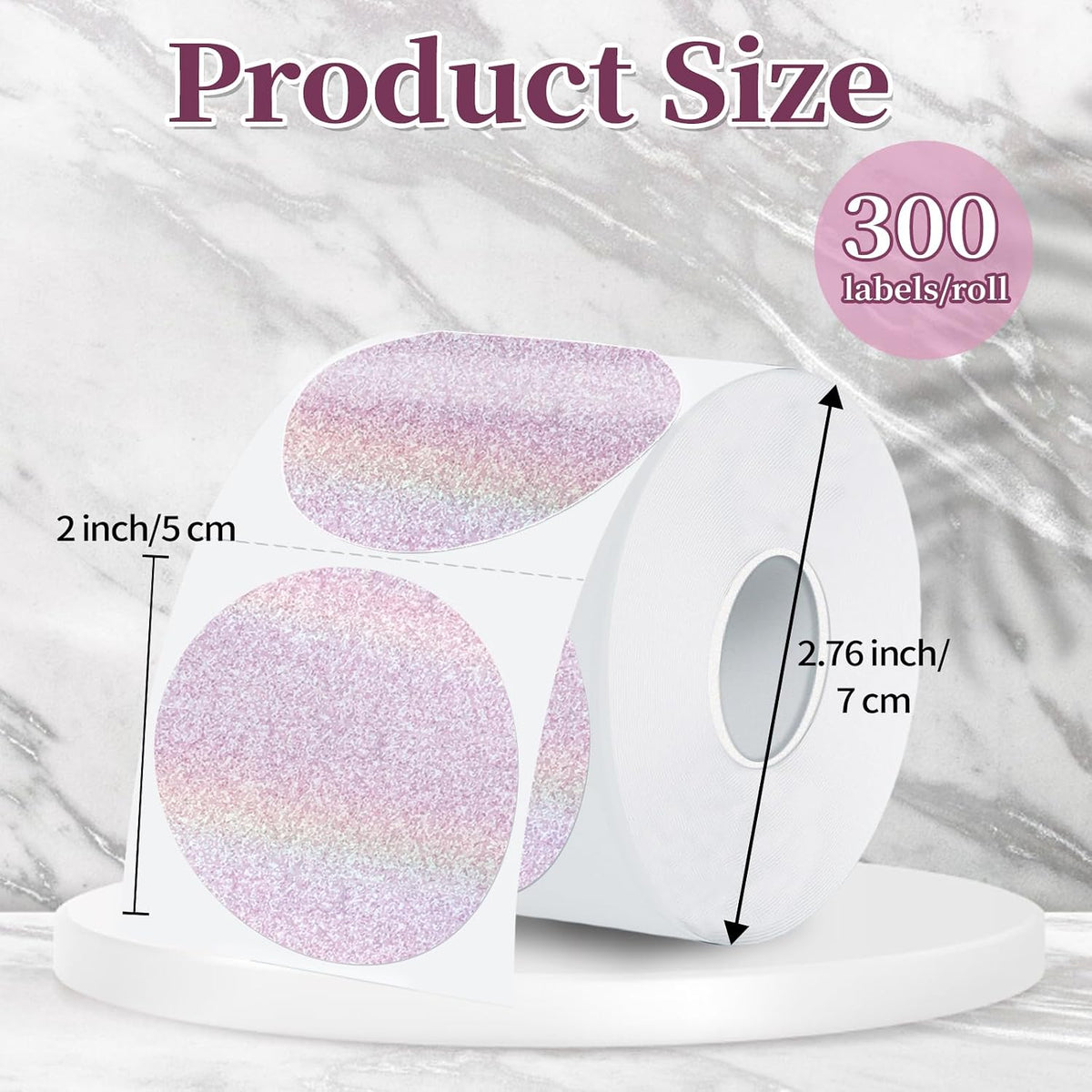 2 Inch Holographic Thermal Labels,Pink Round Thermal Printer Labels,Printable Round Thermal Printer Labels Self-Adhesive Direct Thermal Label(300 Labels/Roll Pink) - Image 2