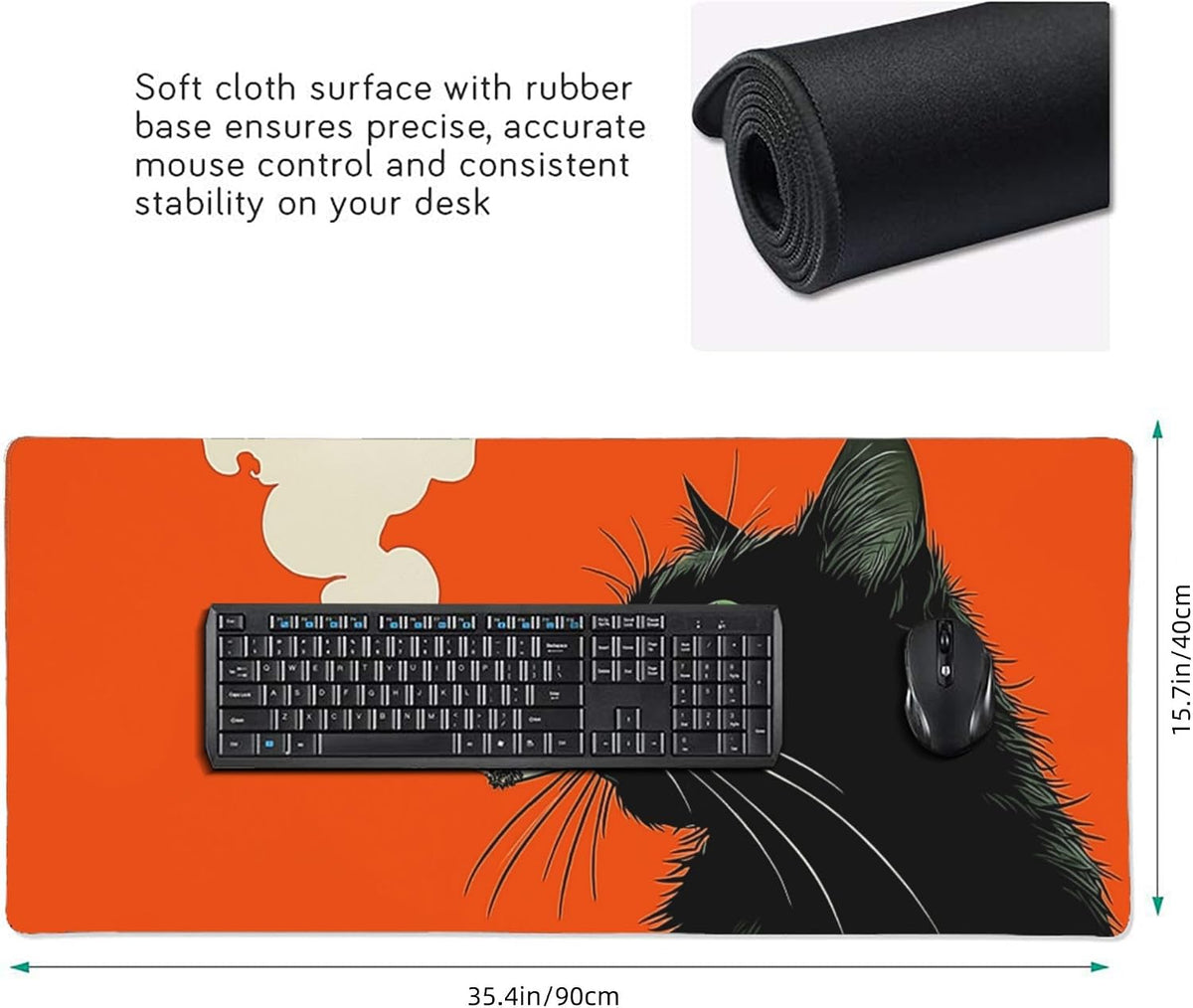 XXL Large Mouse Pads Funny Smoking Black Cat Gaming Mouse Pad for Desk, Extended Desk Mat with Anti-Slip Rubber Base, Stitched Edges, Easy to Clean Office Computer Accessories, 35.4 x 15.7 Inches - Image 2