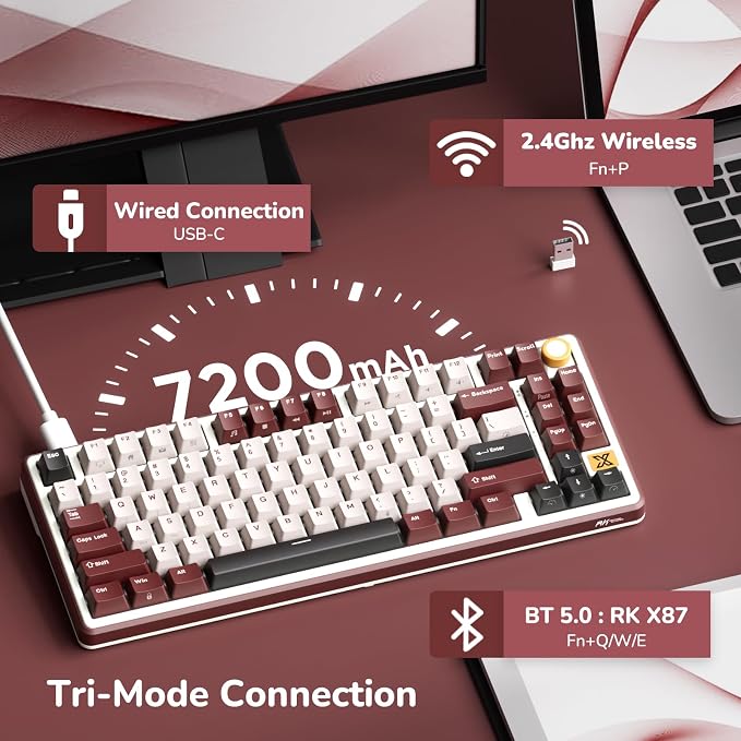 RK ROYAL KLUDGE X87 Gasket Mechanical Keyboard, 75% Wireless Gaming Keyboard with Touchable X-Plate & Volume Knob, Bluetooth/2.4GHz/Wired, Hot Swappable RGB Backlit (Red, Linear Cream Switch) - Image 5