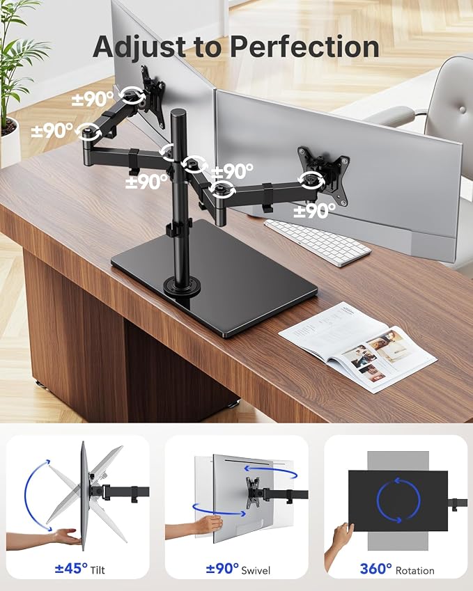 HUANUO Free Standing Dual Monitor Stand for 13-32 Inch Monitors, Glass Base | Free Standing Base, Two Setup Options, Adjustable Dual Arms, 22 lbs per Arm, VESA 75x75/100x100mm, Easy Portrait Rotation - Image 3