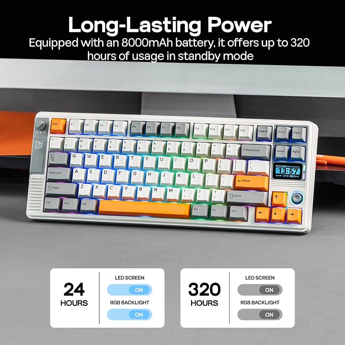 EPOMAKER RT85 Wireless Mechanical Keyboard with Joystick & DIY Screen | 8000mAh, BT/USB/2.4Ghz, Gasket, 5-Layer Paddings, Hot-Swap, PBT Keycap, 75% Gaming Keyboard (Retro White, Crystal Switch) - Image 4