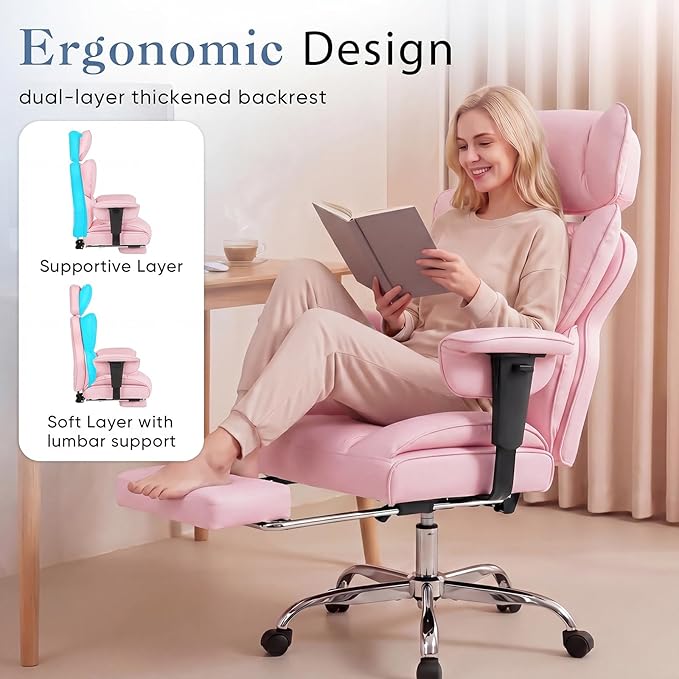 DUMOS Big and Tall Home Office Desk Chair, Executive Chair with Footrest | PU Leather, Ergonomic Comfy Lumbar Support, High Back Reclining, Adjustable Armrests, Pink - Image 6