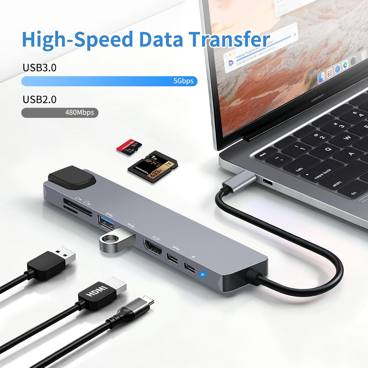 USB C Hub Multiport Adapter, 8 in 1 USBC Dongle with 4K HDMI, RJ45 Ethernet, 100W PD, USB 3.0/2.0, USB-C Data Port, TF/SD Card Reader, USB C Docking Station for MacBook Pro/Air, Chromebook, Dell, HP - Image 7