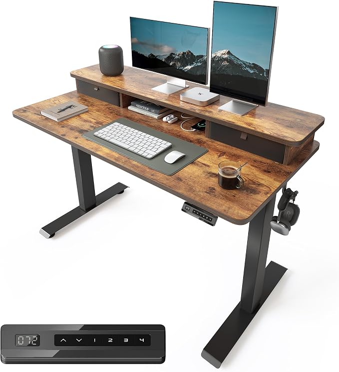 48x24 Inch Electric Standing Desk with Double Drawers, Adjustable Feet & Hooks, Ergonomic Home Office Workstation, Brown by Unknown