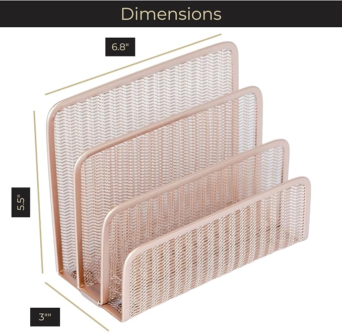 BLU MONACO Rose Gold Metal Mesh Letter Sorter | 3-Slot Vertical Mail Organizer for Desk, Office and Home | Compact Mail Holder for Envelopes, Documents and Files | Modern Desktop Organizer - Image 6
