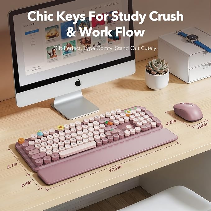 Wireless Keyboard and Mouse Combo, Full-Size Typewriter-Style Keyboard with Round Keycaps, Magnetic Wrist Rest, Tilt Legs, 2.4GHz Cordless for Mac, Windows PC, Laptop, SABLUTE CK23, Dusty Rose | Full-Size Retro Typewriter-Style Keyboard, Tilt Legs, Aut... - Image 8