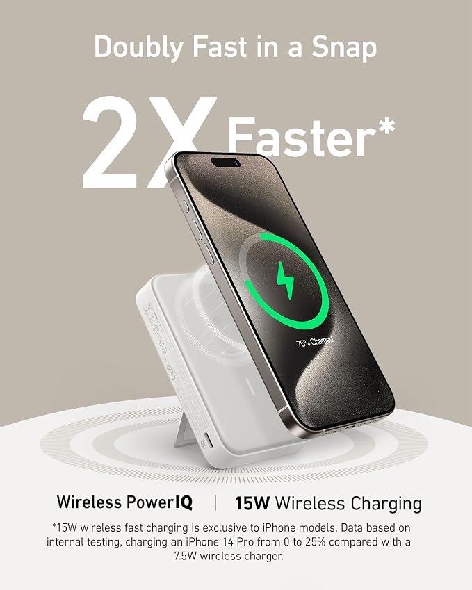 Anker MagGo Power Bank, 10,000mAh Qi2-Certified 15W Max Portable Charger | Fast MagSafe-Compatible Battery Pack, Smart Display, Foldable Stand, for iPhone 16 / 15 / 14 / 13 Only (USB-C Cable Included) - Image 2