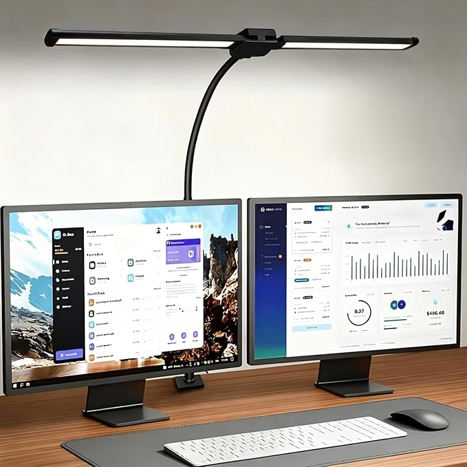 LED Desk Lamp for Home Office, Eye-Care Architect Light with Clamp, Double Head Computer Monitor Table Light with 3 Color Modes 10 Brightness, Adjustable for Reading, Study, Workbench, Black by viivuu