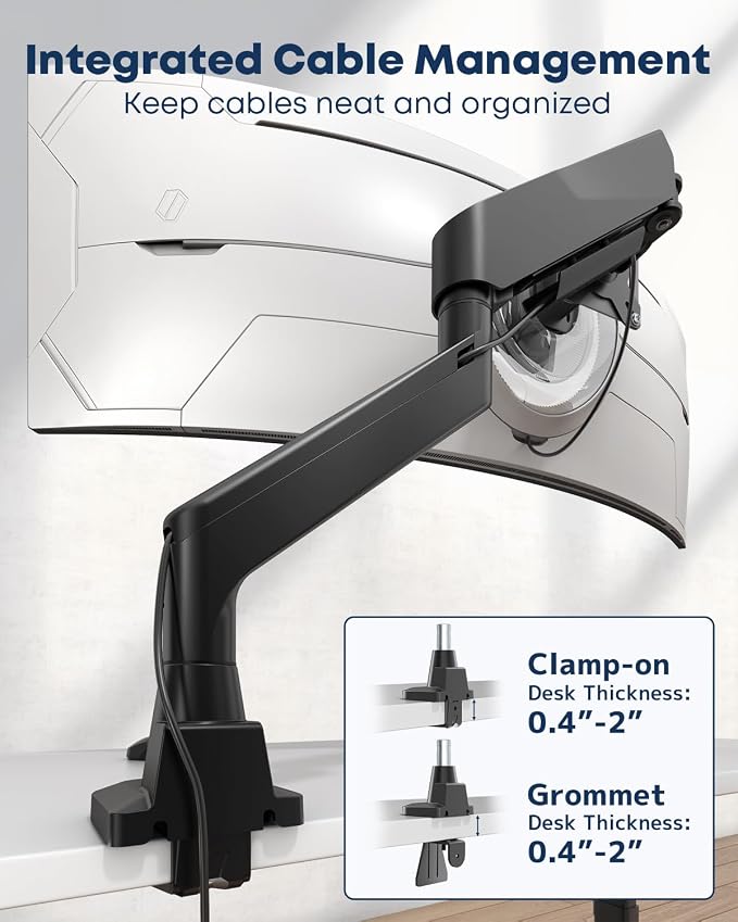 Ultrawide Monitor Arm fits 17-49 Inch Heavy Duty Flat/Curved Monitor | Cable Management, Full Motion, Gas Spring Arm, Holds 35.2 lbs with Clamp & Grommet Desk Mount, VESA 75/100mm, Black - Image 6