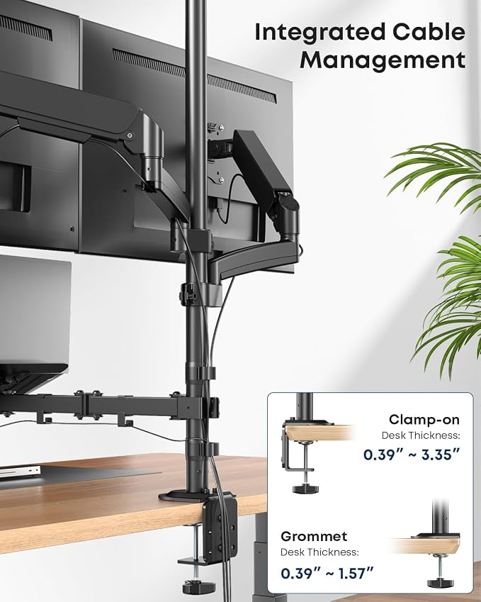 Dual Monitor and Laptop Desk Mount fits 17-32 Inch with Gas Spring | Full Motion, Extra Long Pole, 19.8 lbs Per Arm, Adjustable Stand, C-Clamp & Grommet, VESA 75/100 mm, Black - Image 6