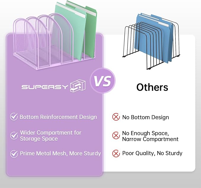File Organizer 5-Section Mesh Desk Organizer, Upright File Organizer Desktop Organizer File Sorter, File Folder Holder for Office Supplies, Purple | 5 Vertical Compartments with Sturdy Metal Base for Office Documents Books Magazines and Laptop - Image 2
