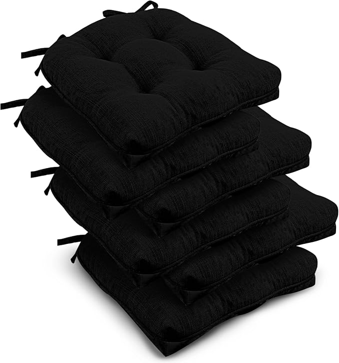 downluxe Indoor Chair Cushions for Dining Chairs, Tufted Overstuffed Textured Kitchen Chair Pads with Ties and Non-Slip Backing, 15.5" x 15.5" x 4", Black, 6 Pack by Downluxe