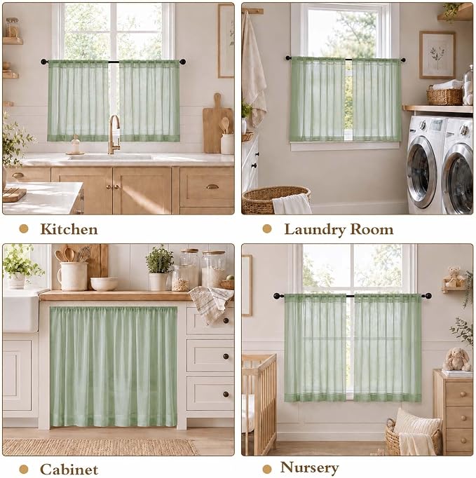 Sage Green Short Sheer Cafe Kitchen Curtains 36 Inch 2 Panels Set | Half Curtains for Living Room Bedroom Basement Bathroom Small window, Sheer curtain over sink, Rod Pocket, Each 42"W x 36"L - Image 8