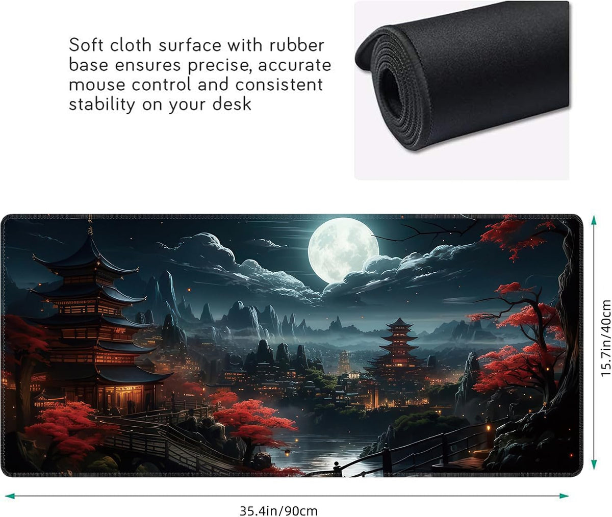Japanese Full Moon Large Mouse Pad,Gaming Keyboard Desk Pad,Extended Mouse Mat Non-Slip Rubber Base with Stitched Edges for Office Game Home XXL 35.4"x15.7" - Image 3
