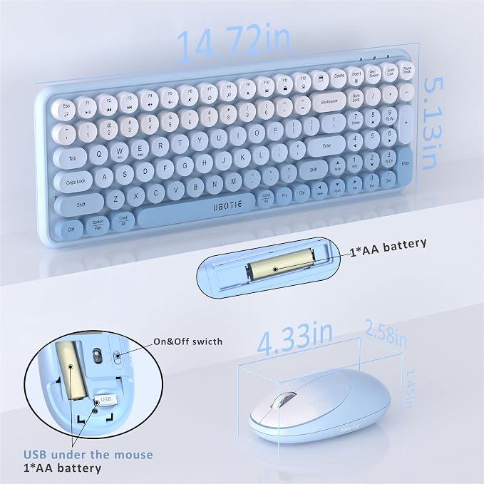UBOTIE Wireless Keyboards and Mouse Combo (Blue Gradient) | Colorful Gradient Rainbow Color Retro Typewriter Flexible Keyboard, 2.4GHz Connection and Optical Mouse for PC Wins Mac - Image 6
