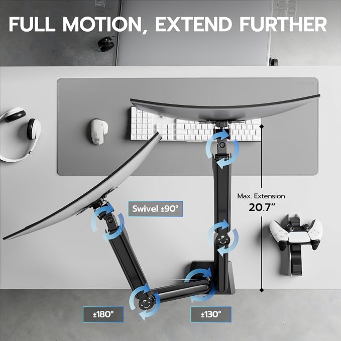 ARES WING Dual Monitor Mount with USB for 2 Monitors for 17-35 inch, Black | Heavy Duty Monitor Arms for 2 Monitors, Fully Adjustable Monitor Desk Stand for Ultrawide Screen, VESA 75x75 or 100x100mm - Image 6
