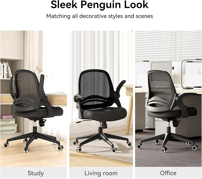 Hbada Office Desk Chair with Flip-Up Armrests and Saddle Cushion, Ergonomic Office Chair with S-Shaped Backrest, Swivel, Mesh, Black - Image 5