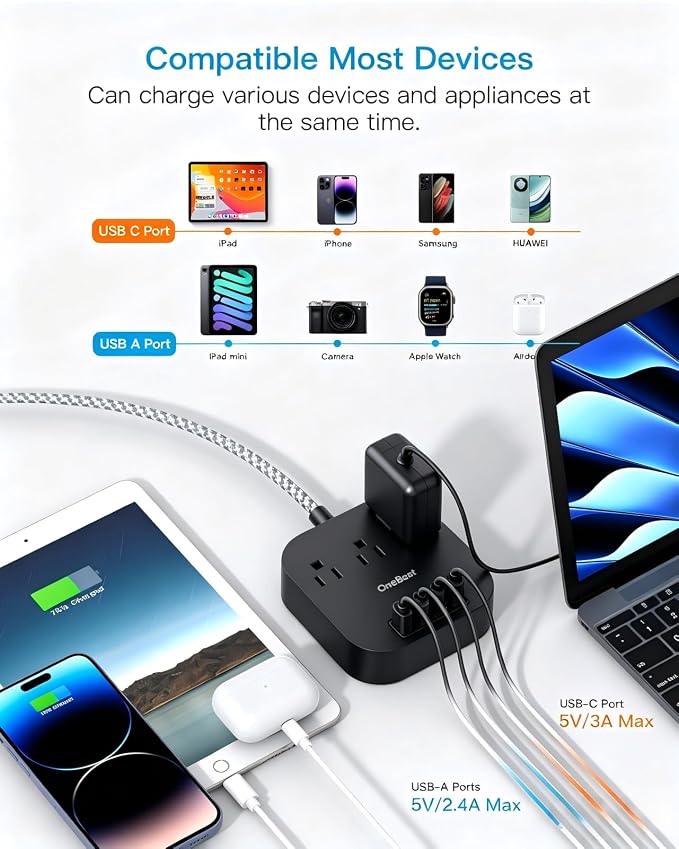One Beat Power Strip with USB C, 3 Outlets 4 USB Ports, 10ft Braided Extension Cord, 22.5W Desktop Charging Station, Flat Plug, Non Surge Protector, Home Office Travel Cruise, ETL Listed, Black - Image 6