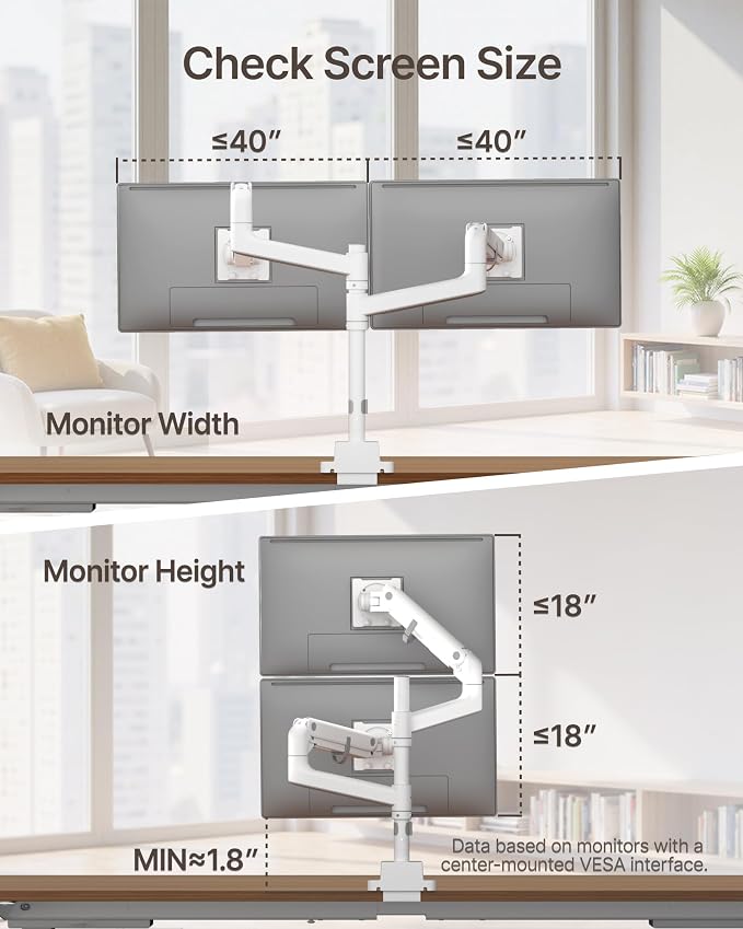 monTEK Dual Monitor Arm, Vertical Stackable 17-57", Heavy Duty，White | Vertical Stackable Gas Spring Arm For 17–57" Ultrawide Monitors, Holds Up To 59.4 Lbs Each, Compatible With 75/100 VESA Mount - Image 8
