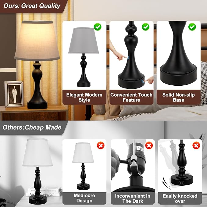Touch Lamps for Nightstand, 3 Way Dimmable Bedside Lamps with USB C+A Ports | Touch Control, LED Bulb Included, Small Black Table Lamp for Bedroom, Night Stands, End Table, Gift，Corded，Grey Shade - Image 9