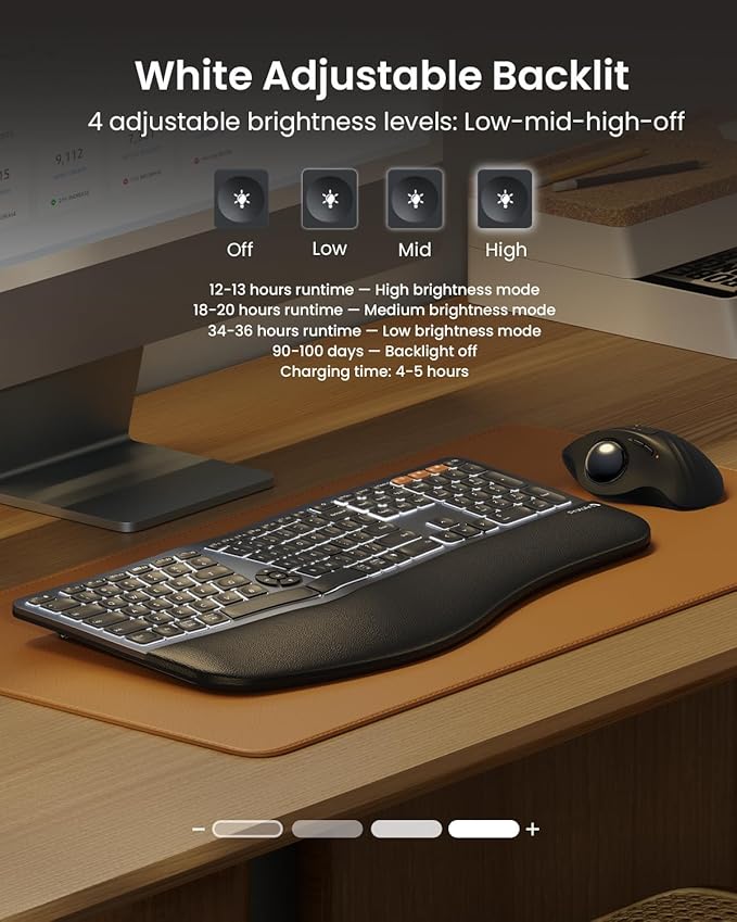 ProtoArc EK01 Plus Backlit Bluetooth Ergonomic Keyboard, Full Size, Grey | Adjustable brightness, split design, cushioned wrist rest, connect 3 devices via Bluetooth/2.4G, 2000mAh USB-C rechargeable. - Image 3