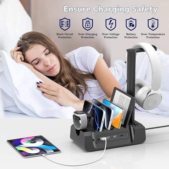 KDD Charging Station with 6 Charging Cables - Fast Charging 6 in 1 Cellphone Charging Dock with Headphone Stand and Watch Holder - 2 AC&USB A&USB C, Storage Station for Smartphone,Tablets, AppleWatch - Image 6