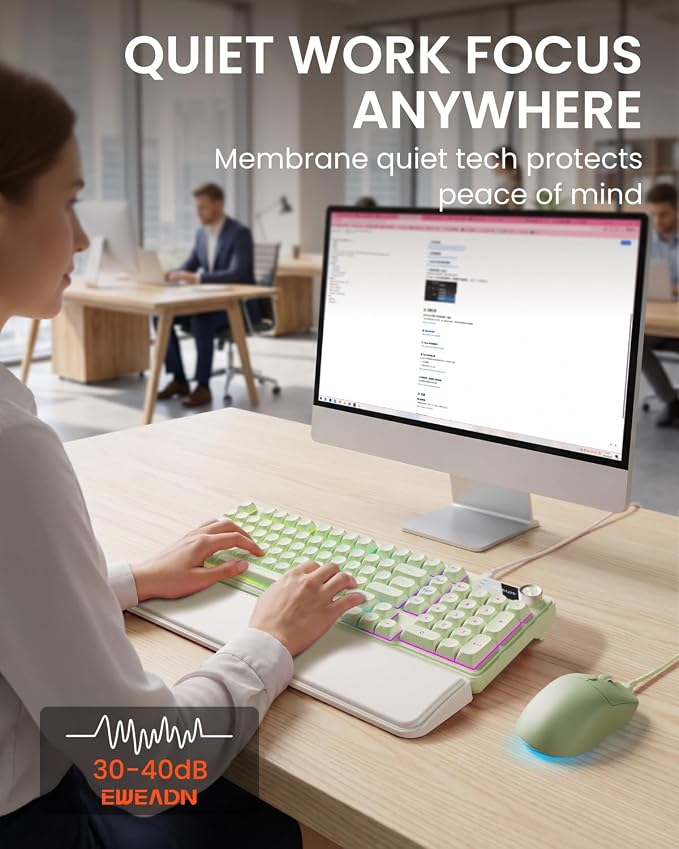 EWEADN Wired Keyboard and Mouse Combo with Detachable Wrist Rest, Quiet Ergonomic Keyboard Mouse Set with Multimedia Knob, RGB Backlit, Double-Shot Keycaps Natural Typing for Laptop, PC - Green - Image 3