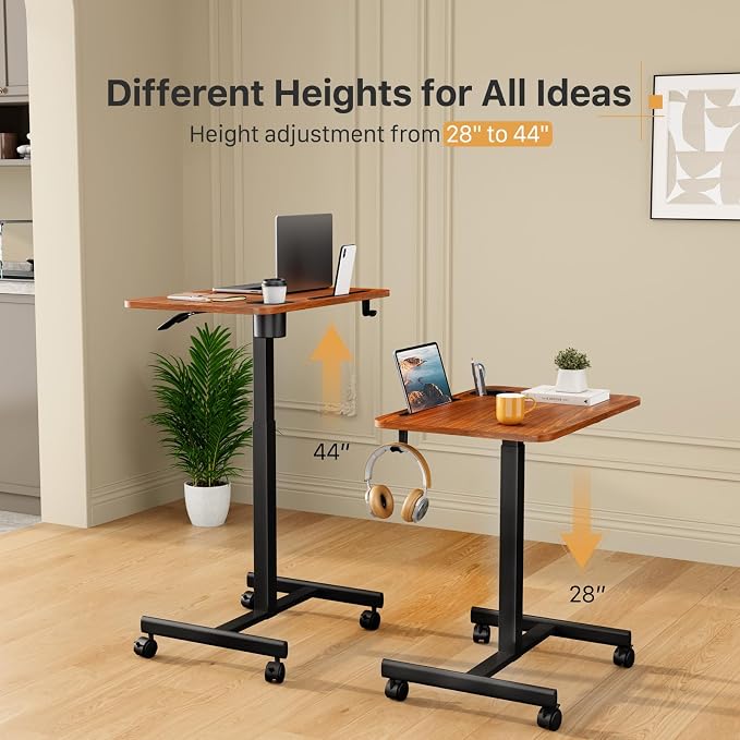 28 inch Small Mobile Standing Desk Height Adjustable with Wheels | Rolling Laptop Rising Cart with Cup Holder, Portable Computer Workstation with Hook and Slots on 4 Lockable Casters, Walnut - Image 3