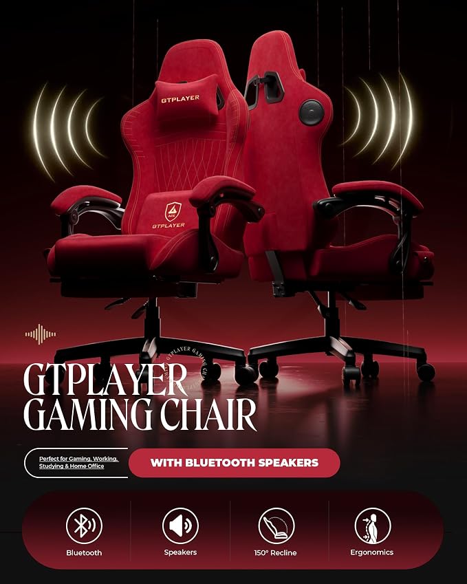 GTPLAYER Gaming Chair with Speakers, Video Game Chairs with Footrest, PC Gamer Chairs for Adults - Padded High Back Ergonomic Reclining Silla Gamer, Linkage Armrest, Ace Pro, Cherry Red（Velvet） - Image 3