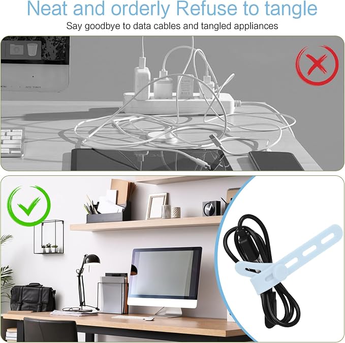 Donruby 24Pcs Silicone Cable Ties, Reusable Cord Organizer Straps, Ice Blue | Adjustable, Multipurpose, 5.12" High-Elasticity Cord Wraps for Bundling Electronics, Home Office Travel Essentials - Image 7