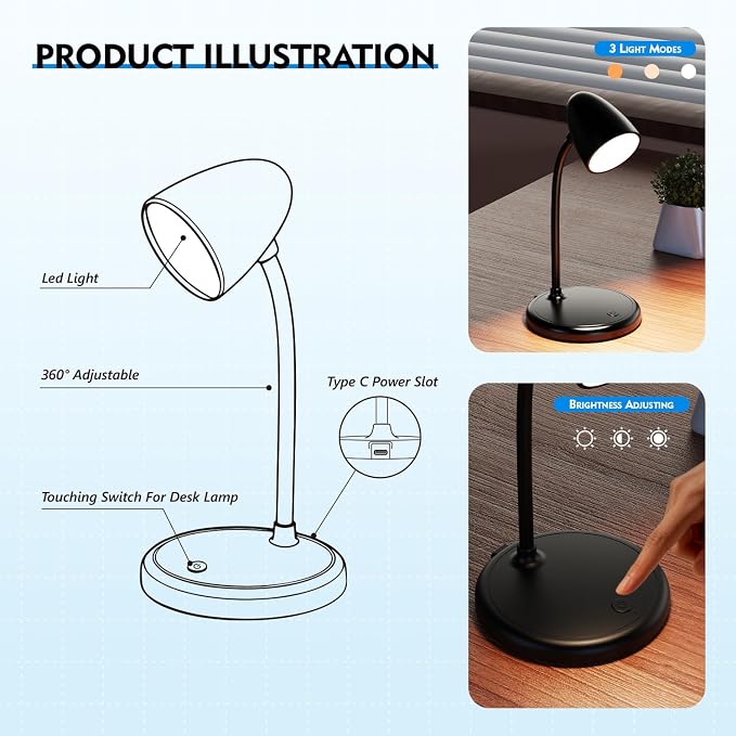 LED Desk Lamp for Home Office,Dimmable Table Lamp 3 Light Colors | Reading Light for Bedside Small Desk Lamp for College Dorm Room,Bedroom Desk Light,Black - Image 7