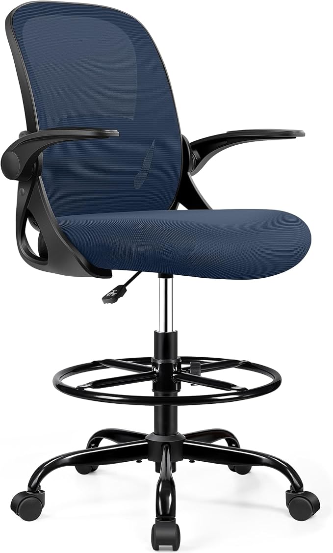 Drafting Chair Tall Office Chair with Flip-up Armrests, Adjustable Height, Enhanced Lumbar Support Ergonomic Rolling Stool, Back Support, Adjustable Foot Rest Ring for Standing Desk Navy by Primy