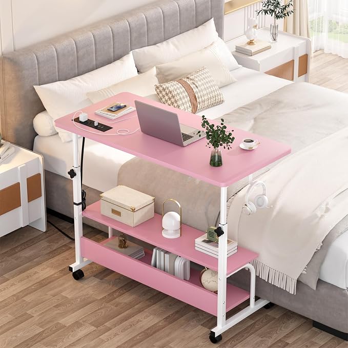 32" Rolling Standing Desk with Charging Station for Couch Bed | Height Adjust 27.5-41", 2 AC/3 USB, Mobile 4 Lockable Wheels, 2-tier Shelves Hook, Safe Corner Fast Assembly - Image 7