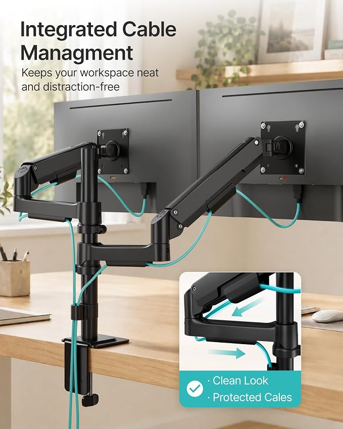 Dual Monitor Stand for 17-32 Inch Screens, Gas Spring Arms | Full Motion Mount with Cable Management, Support up to 19.8 lbs，Computer Monitor Arm with Clamp/Grommet Base - Image 5