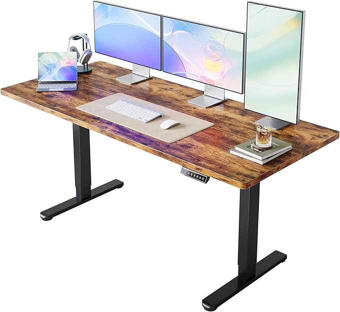 HUANUO 63x28 Inch Electric Standing Desk, Height Adjustable, Rustic Brown | 176 Lbs Capacity, Smooth Home Office Desk, 4 Memory Presets & Headphone Hooks, 28.3–46.5 Inch Height Range, Easy to assemble by HUANUO