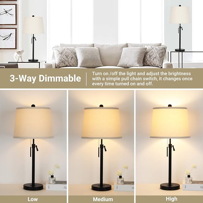 Bedside Table Lamps Set of 2: Tall Black Table Lamps for Living Room End Table | Height Adjustable 3-Way Dimmable Nightstand Lamp with Pull Chain Switch Modern Lamps for Bedroom Office(Bulbs Included) - Image 3