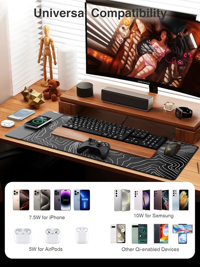 Magnetic Wireless Charging Mouse Pad, 31.5"x15.8" Large Desk Mat | Waterproof Mousepad, Smooth Glide, Stitched Edge, Non-Slip Rubber Base, Desk Pad Computer Keyboard Mat, No Adapter - Image 3