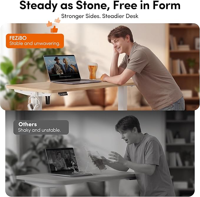 FEZIBO Standing Desk, 48 × 24 Inches Electric Height Adjustable, Sit and Stand Up, Computer Office Desk with Splice Board, White Frame/Maple TOP | Sit and Stand Up Adjustable Desk, Home Office Computer Desk with 3 Customizable Memory Presets - Image 6