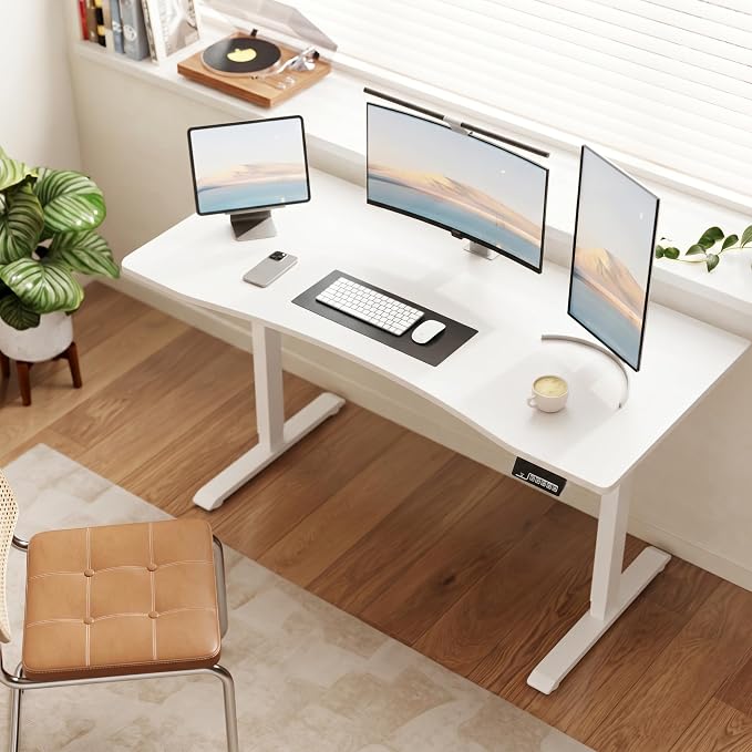 Solid Wood Electric Standing Desk, 55"x23.6" White Standing Desk | 1 BOX,Home Office Desk with 3 Stages Single Motor,Standing Desk White with T-Shaped Metal Bracket for Gaming by Unknown
