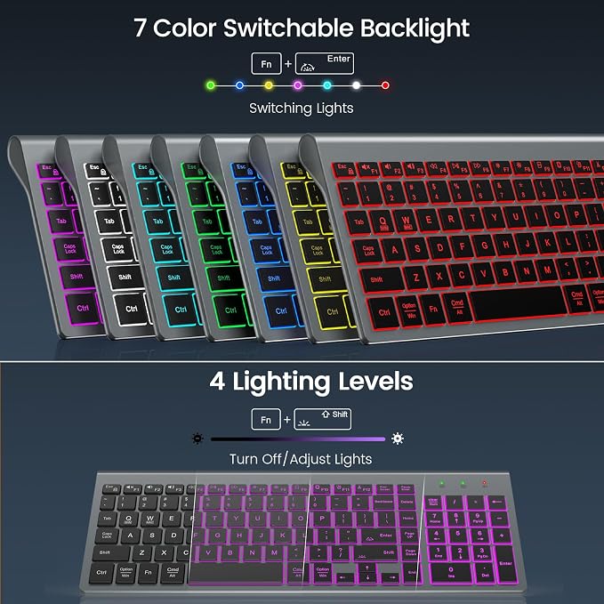 SABLUTE Wireless Keyboard with 7-Color Backlight, Quiet Low-Profile Keys | Rechargeable, Compact Cordless Design, Slim Quiet Scissor-Switch Keys, Auto Sleep, Windows, Linux, Chrome OS & Mac Compatible - Image 2