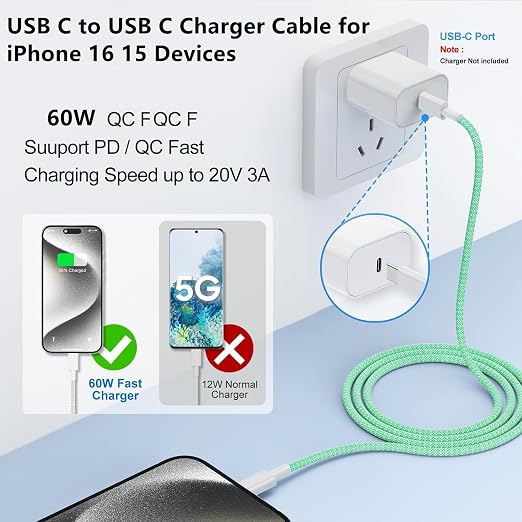 USB C to C Charger Cable 10ft, 60W Type C to C Fast Charging Cable Cord Long for Apple iPhone 17 Pro Max/17 Air/16 Pro Max/16 Pro/15 Plus/15 Pro Max/MacBook 2021/2020/2019,iPad Pro/Mini/Samsung Galaxy - Image 5