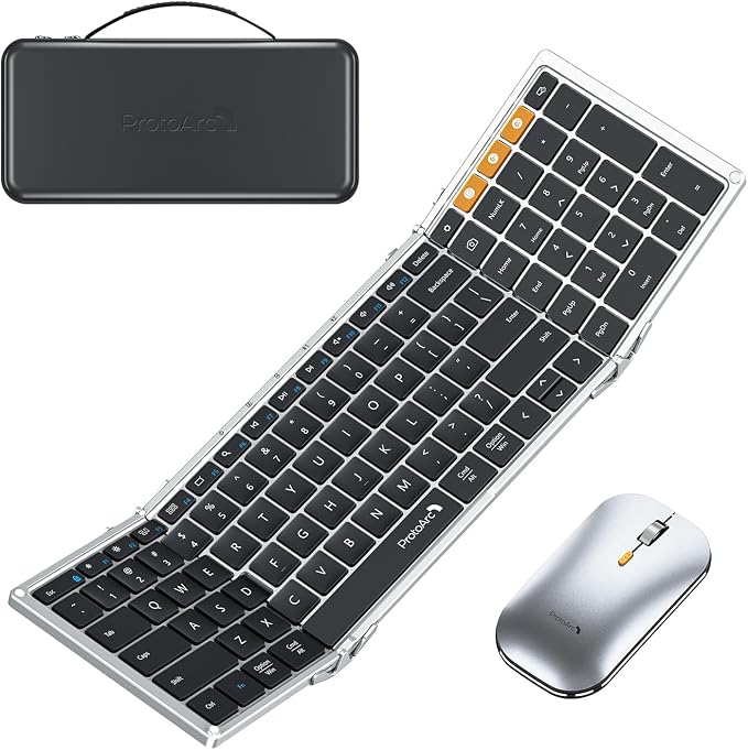 ProtoArc XKM01 Full-Size Foldable Keyboard Mouse for Travel - Black Silver | 105-key keyboard, slim mouse, hard case and phone stand; 3-device Bluetooth & 2.4G switching, for travel office use by ProtoArc