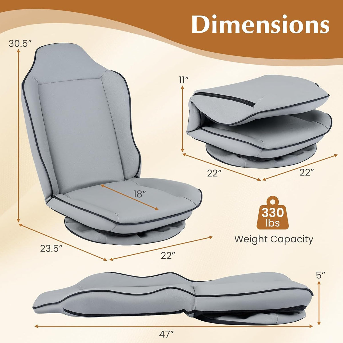 GIANTEX 360° Swivel Floor Gaming Chair with 5-Level Adjustable Backrest, Foldable Reclining Lounge Chair with Padded Seat Cushion, Lazy Floor Sofa for Reading, Working, Watching TV (Gray) - Image 3