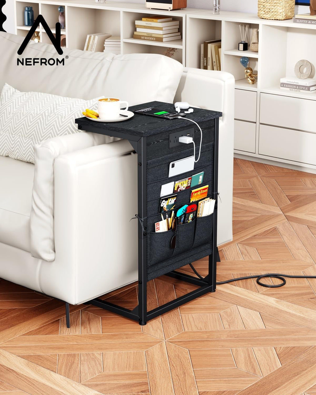C-Shaped End Tables Set of 2, Small Couch Side Table with Fast-Charging Station, Sofa TV Tray Table with Storage Bag for Living Room, Bedroom, Bedside ET-BK-W2 - Image 6
