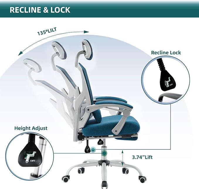 DUMOS Home Office Desk Chair with Footrest, High-Back Mesh Rolling Swivel Reclining Chairs with Wheels, Comfortable Headrest, Lumbar Support, Comfy Arms for Home, Office, Gaming, Student, Elegant Blue | High-Back Mesh, Rolling Swivel Wheels, Comfortabl... - Image 5