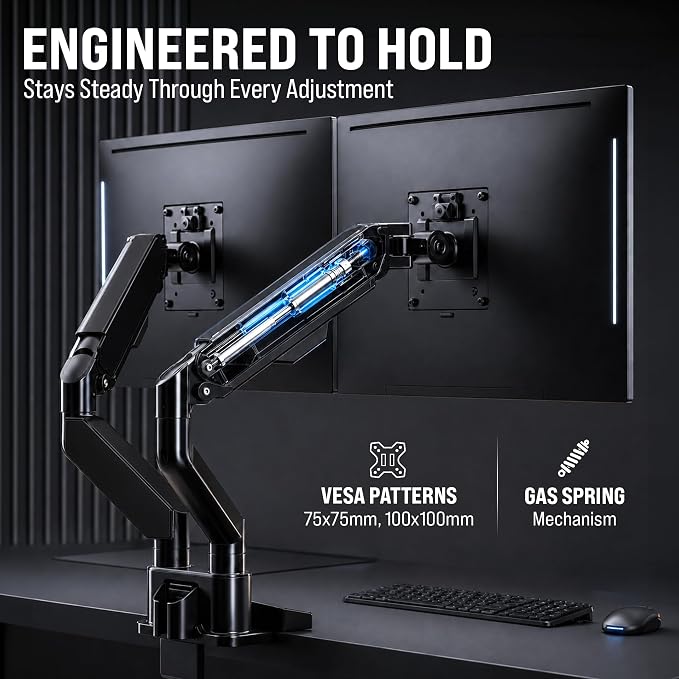 EVEO Premium Dual Monitor Mount 14"-32” Dual Monitor Arm VESA Bracket Adjustable Height Gas Spring Dual Monitor Stand, Screen Full Motion Dual Monitor Arm-Computer Monitor Stand for 2 Screens - Black - Image 6