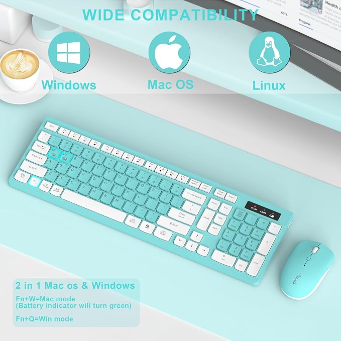Wireless Keyboard and Mouse Combo Silent for Office and Home(Turquoise) | 2.4G Full Size Silent Cordless Keyboard with Tilt Legs,3-Level DPI Quiet Mouse,for Windows/Mac OS/Desktop/Laptop/PC - Image 5